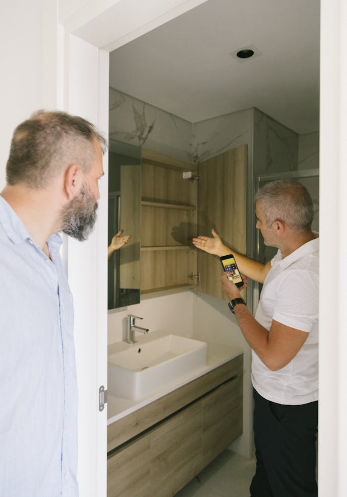 Two men examining a modern wooden cabinet in a sleek bathroom setting indoors.